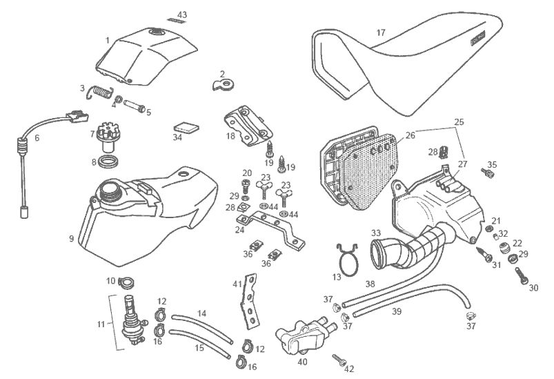 Derbi Senda SM 50 2T DRD Edition Black E2 2005 - Benzinetank, Luchtfilter & Zadel