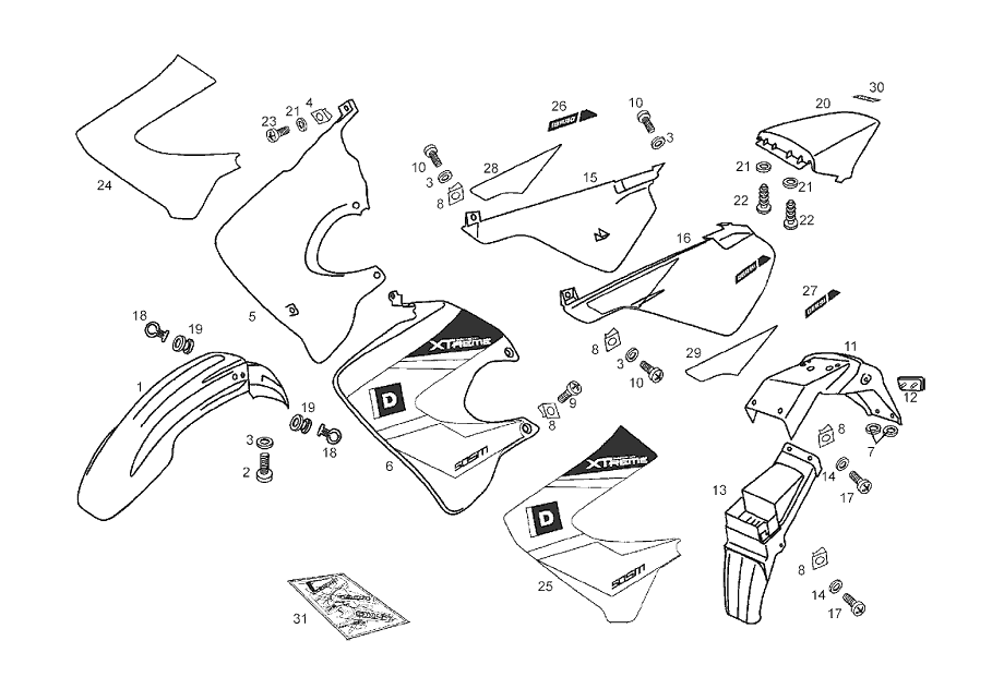 Derbi Senda SM 50 2T 2ª ED X-Treme E2 2004-2005 - Spatbord, Zijscherm & Achter Beplating